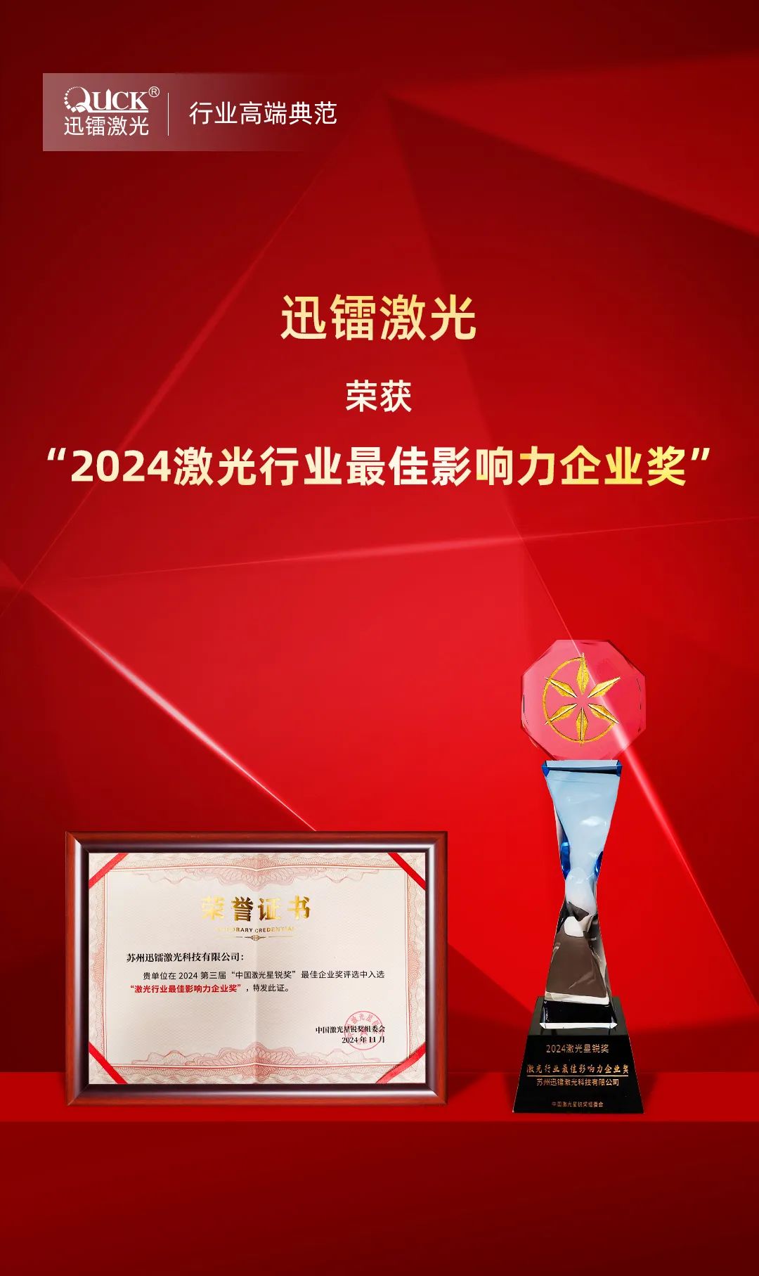 榮譽+1 | 迅鐳激光榮獲“2024激光行業最佳影響力企業獎”(圖2)